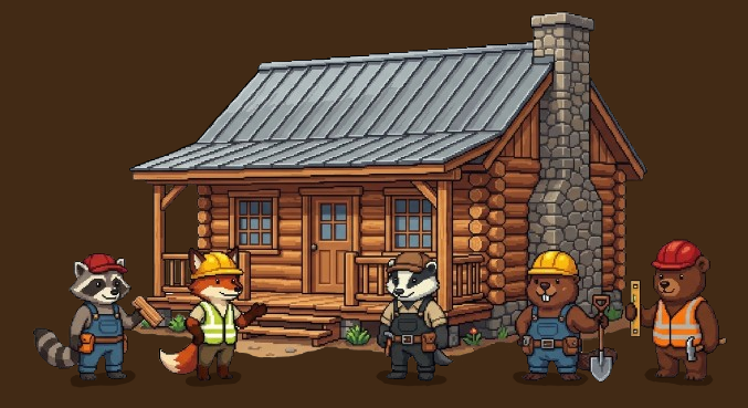 Animal construction workers smiling in front of a finished log cabin