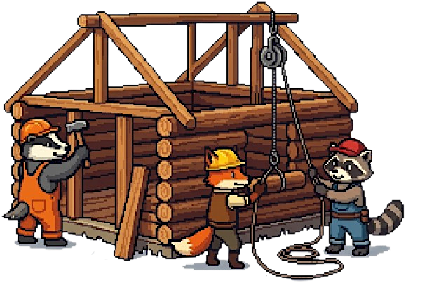 Pixel art of animal construction workers building a log cabin